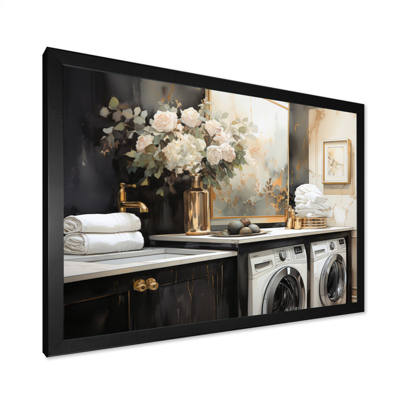 Blanchisserie Art déco II - Art mural, Cadre simple noir, H 16 po x l 32 po x P 1 po