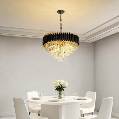 Lustre en cristal moderne à 5 niveaux avec finition dorée et noire, luminaire suspendu 12 lumières pour salle à manger, salon, chambre à coucher ou vestibule