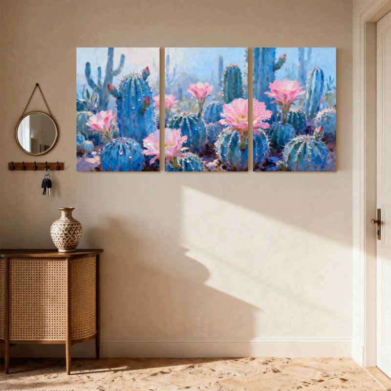 Cactus bleu, cactus bleu, fleurs, gouttelettes d'eau, reflet du ciel, ensemble de 3 impressions sur toile, H 30 po x l 60 po