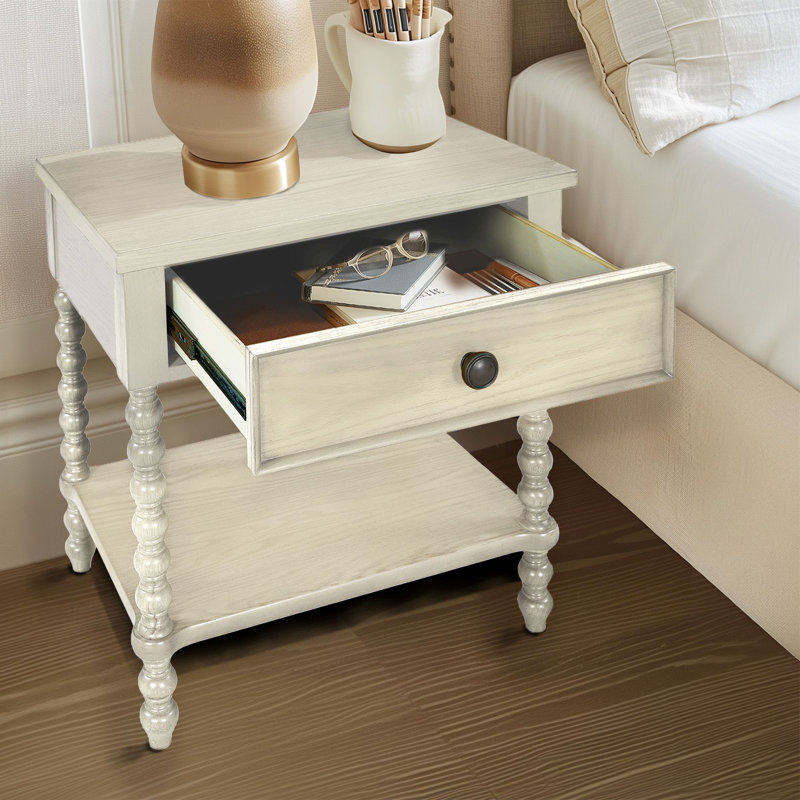 Beckett Turned Wood Spindle Nightstand with Drawer & Shelf, Antique Cream