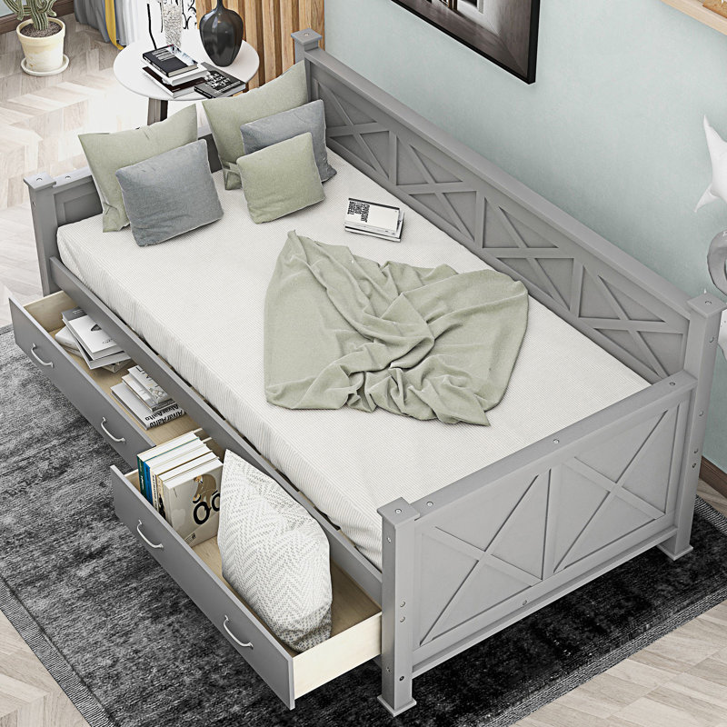 Lit de jour simple avec 2 grands tiroirs, structure moderne en forme de X et lit de jour rustique et décontracté, Gris