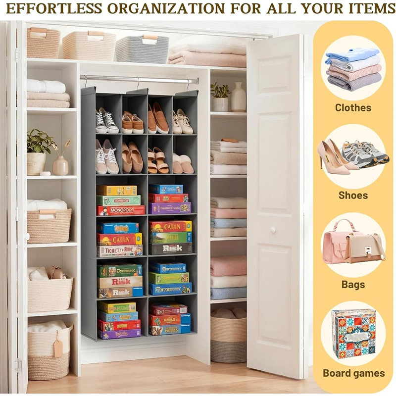 Organisateur de garde-robe à 6 niveaux - 16 compartiments avec crochets robustes pour chandails, garde-robe et rangement pour garde-robe, gris