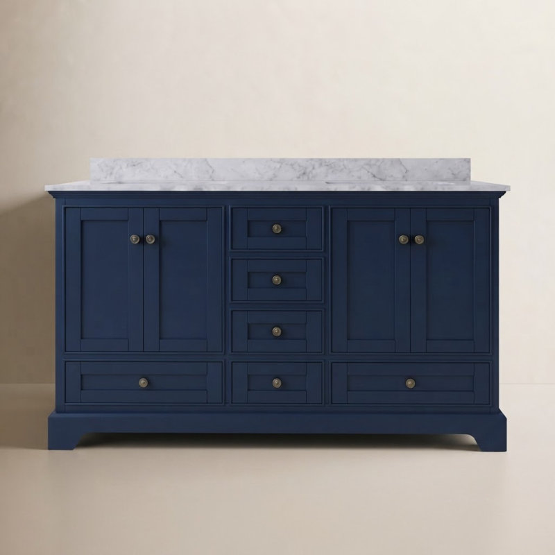 Ensemble de meuble-lavabo double 60 po Varna, Bleu héritage / or brossé, Marbre blanc de Carrare
