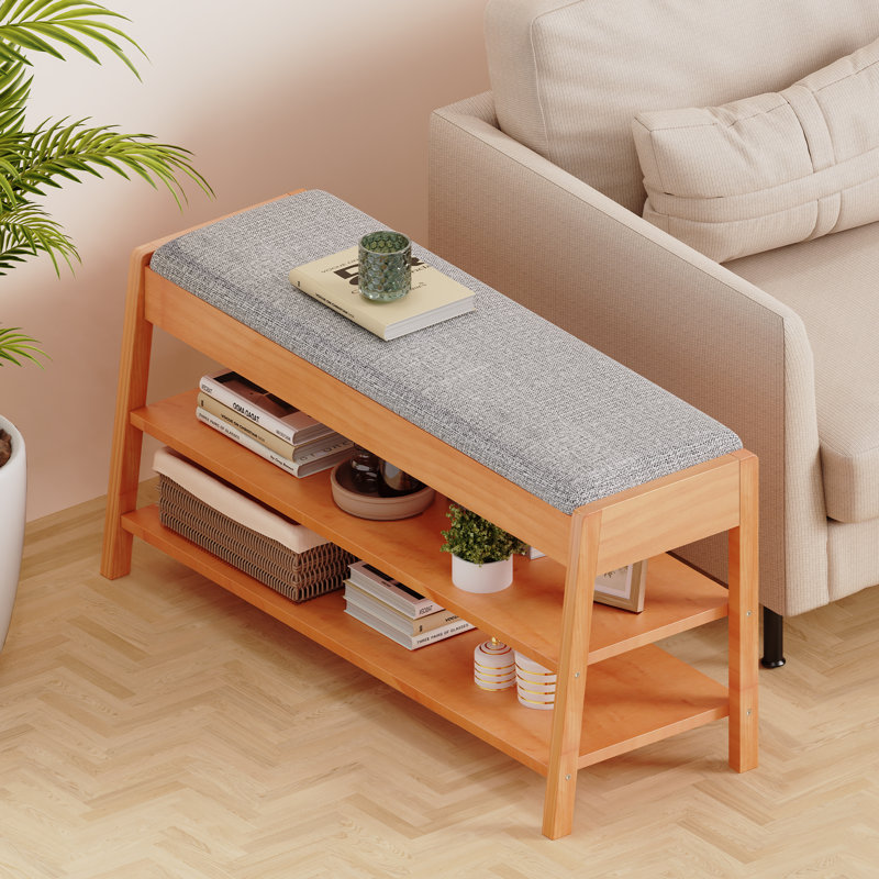 Banc de rangement pour chaussures 39,4 po avec rangement, banc d'entrée en bois massif à 2 niveaux avec coussin en coton et lin