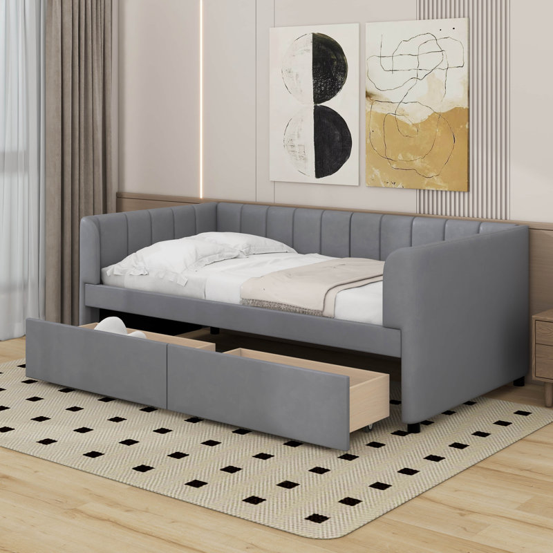 Twin Size Upholstered Daybed With Drawers, Gray