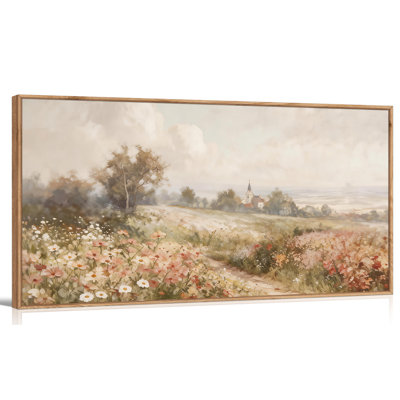 TIHUSAGO Vintage Framed Wall Art, Country Landscape Canvas Decor, Rustic Wildflower Field and Church Picture for Living Room Home Bedroom Modern Artwork (24x48 inches)
