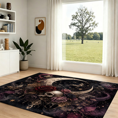 Tapis gothique lune rose crâne, décor de papillon rétro mystique, grand tapis de sol pour salon, bureau à domicile, jardin extérieur