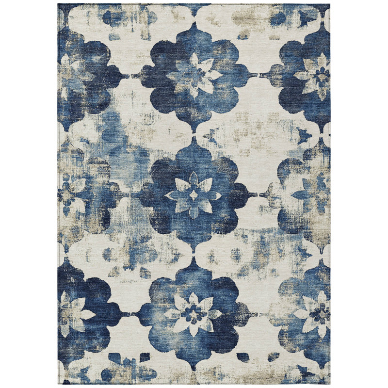 Machine Washable Indoor/Outdoor Xhevrie Navy Rug, Rectangle 8' x 10'