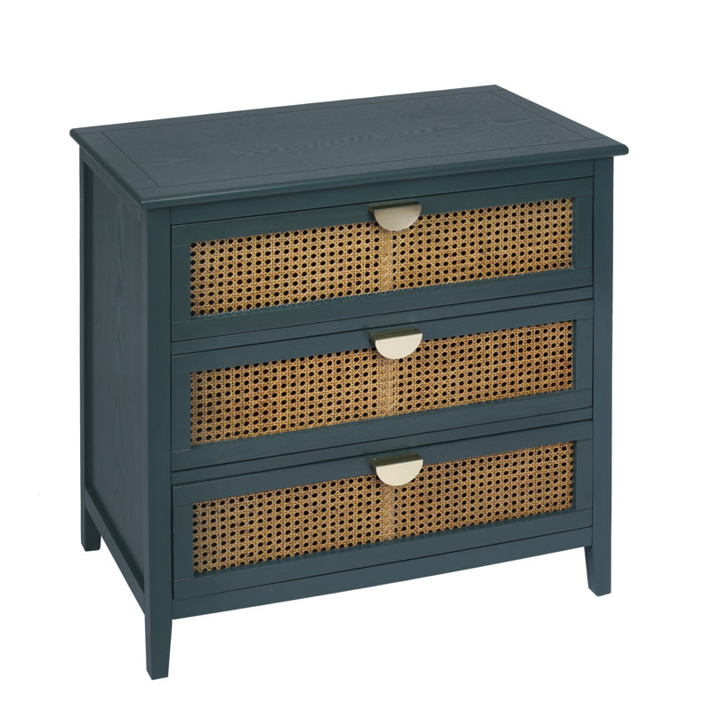 Chused 3 Drawer Accent Cabinet Dresser, Rattan Chest Drawers, Storage Cabinet with Metal Handles, Navy Blue