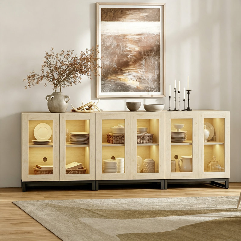 Aadam 3 In 1 Multifunctional Sideboard Buffet Cabinets With 6 Glass Doors, Modern Sideboard Credenza With Adjustable Shelf And Metal Base, Coffee Bar Cabinet Storage Cabinet For Living Room, Kitchen