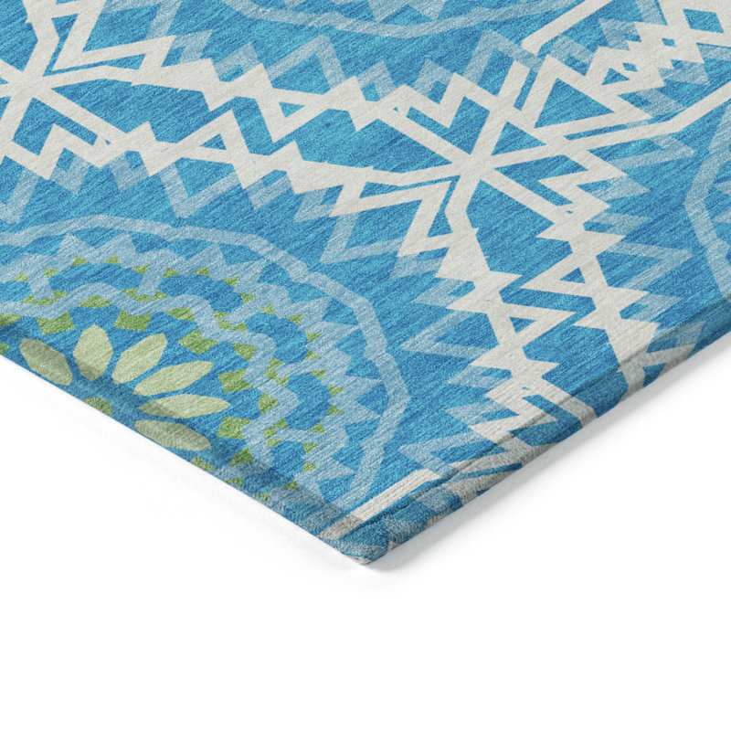 Tapis intérieur lavable 8 pi x 10 pi ivoire et bleu ciel Medallion
