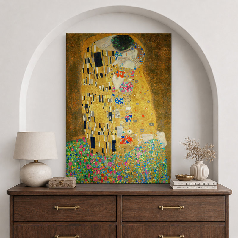 Famous Artwork "The Kiss by Gustav Klimt - Extra Large Framed Canvas Giclee Painting Print Wall Art", 48" H x 32" W, No Frame