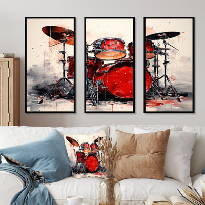 Music Drums Pulse Deep Red I - Ensemble d'art mural musical