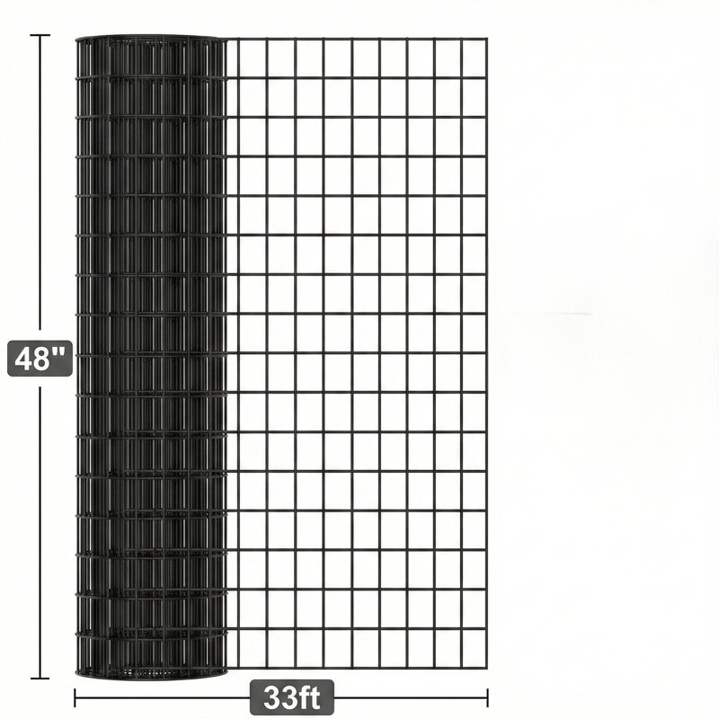 Treillis soudé noir enduit de vinyle, 48 pouces par 33 pieds, calibre 16 avec ouvertures de 2/3 pouces, cage à volaille durable et matériau de clôture de protection