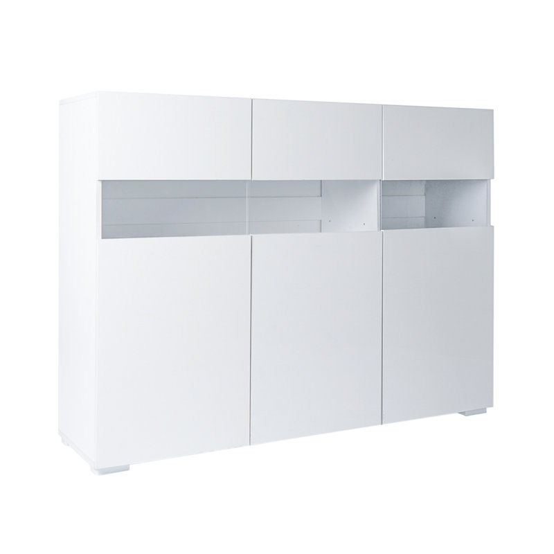 Armoire latérale blanche moderne avec lumières DEL, armoire de rangement latérale brillante à l'avant du salon