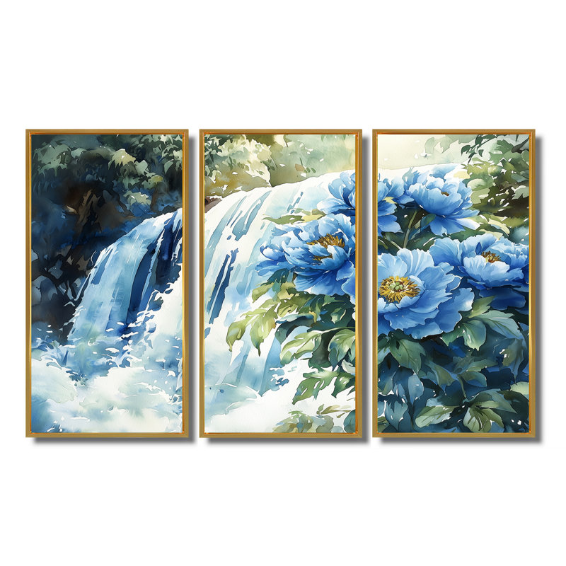 Pivoines par la cascade III - décorations murales pivoines - 3 pièces, H 28 po x l 36 po, Doré