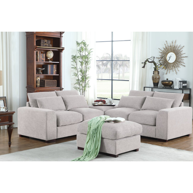 Canapé modulaire en lin gris avec 2 repose-pieds 33,67 po Mélange élevé, Gris clair