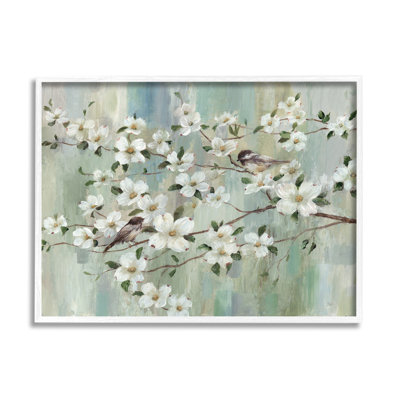 «Delicate Cherry Blossom Flowers Perched Birds Classic» par Nan - peinture sur toile à cadre flottant