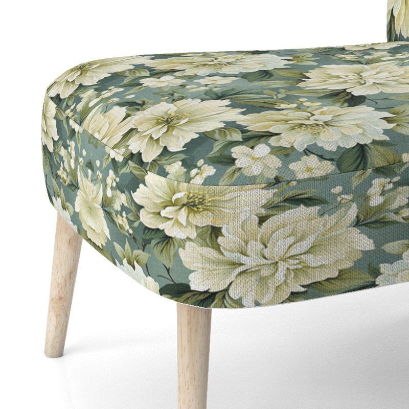 Chaise d'appoint rembourrée beige et verte avec pivoines damassées Serenity II
