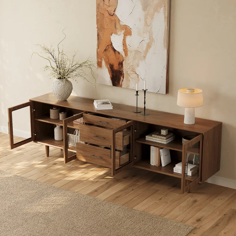 Meuble télé Mid-Century moderne avec portes en verre, entièrement assemblé, H 29,53 po x L 94 po x l 17,72 po, Brun