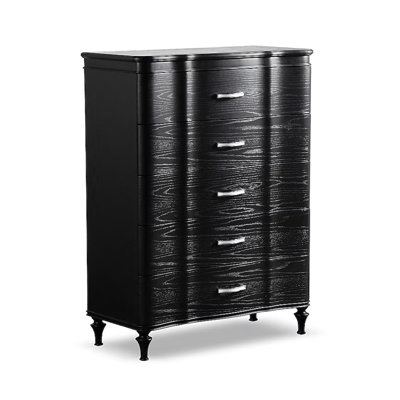 Commode haute 5 tiroirs Eleena, bois massif noir, accents de cristal