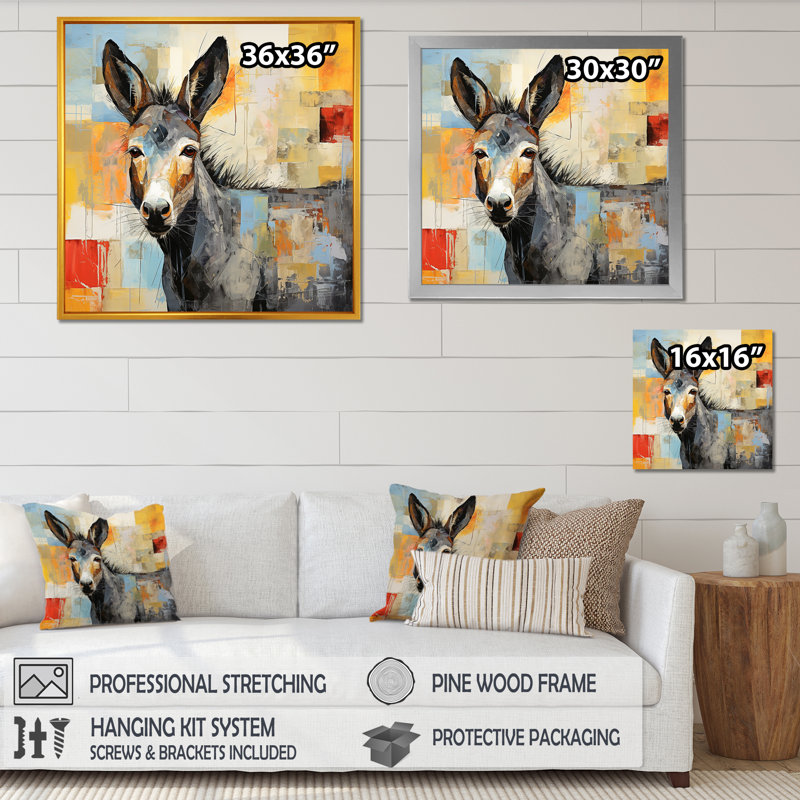Patchwork Donkey Pastures II - âne, art mural, H 36 po x l 36 po x P 1,5 po, Cadre simple noir