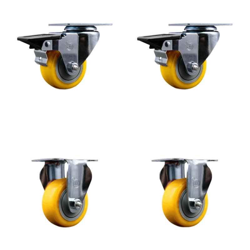 Ensemble de roulettes à plaque pivotante 3 pouces en poly jaune avec 2 freins Posi 2 rigides