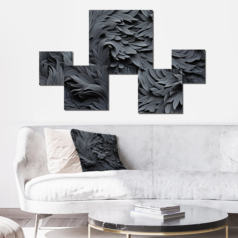 «Grey Spiraling Fractal Sprial II», ensemble d'art mural carré à spirales abstraites de 5