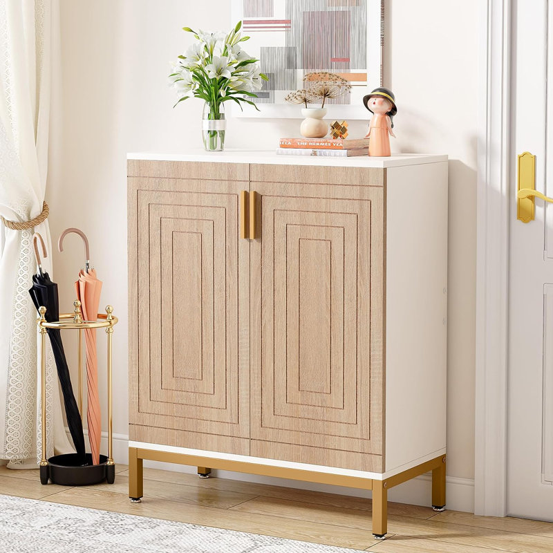 20 Pair Shoe Storage Cabinet, White/Natural/Gold