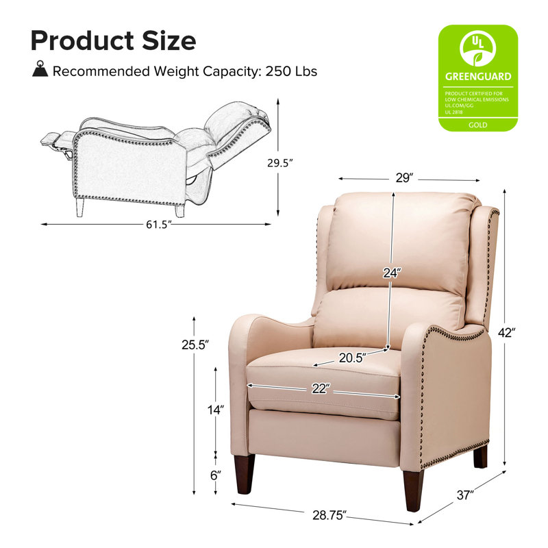 Fauteuil inclinable en cuir Beecher 28,75 po, Cuir pleine fleur rose