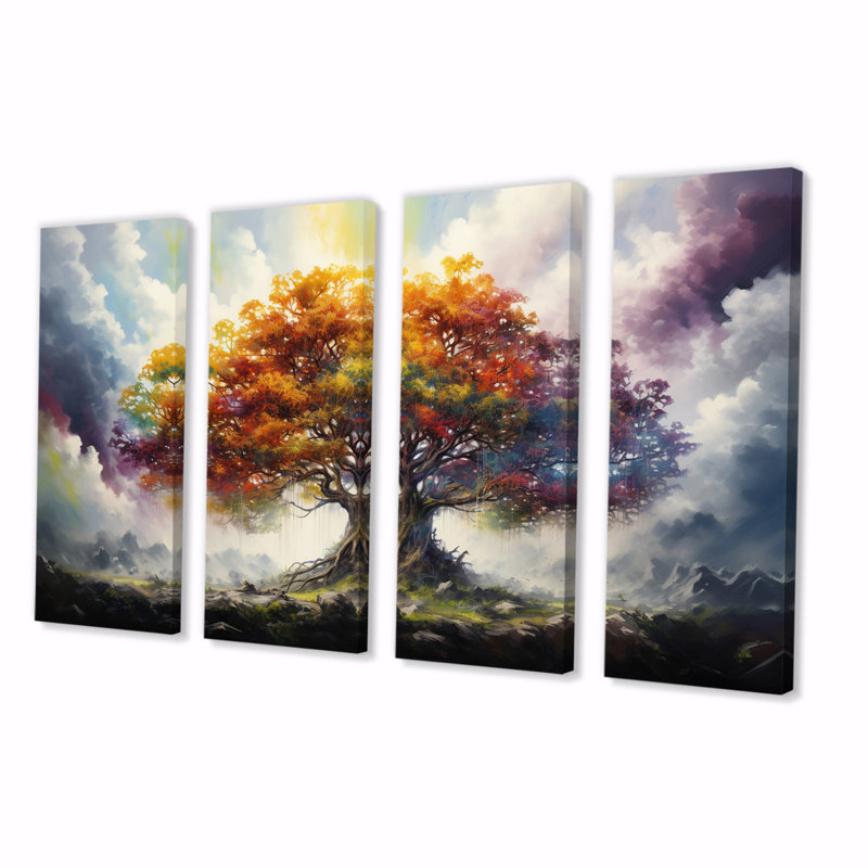 «Tree of Life All Seasons II - Landscape Trees», reproduction d'art sur toile - 4 panneaux