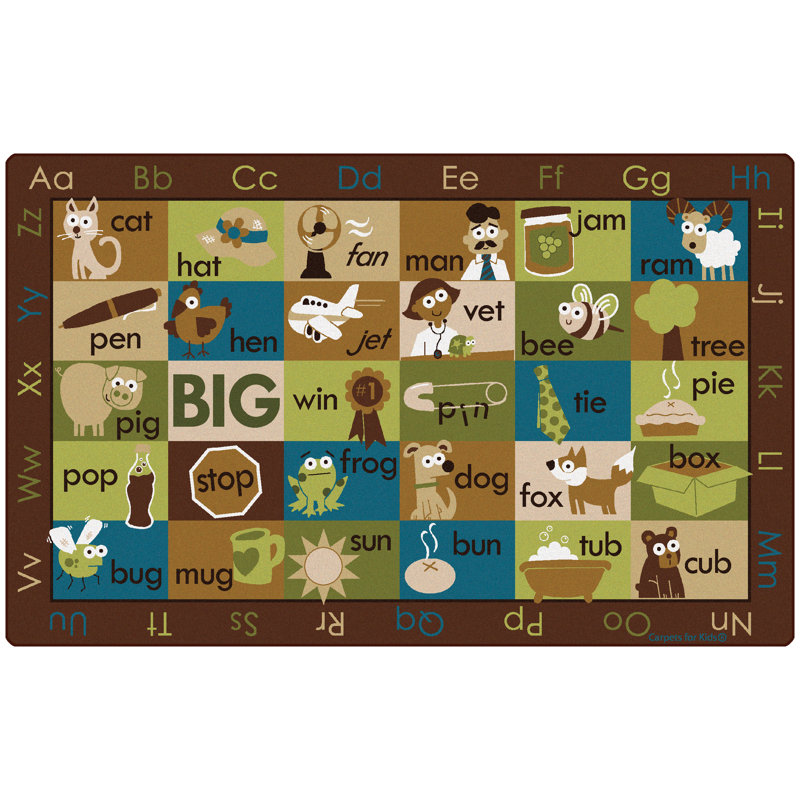 Large Brown and Green Nylon Educational Kids Rug