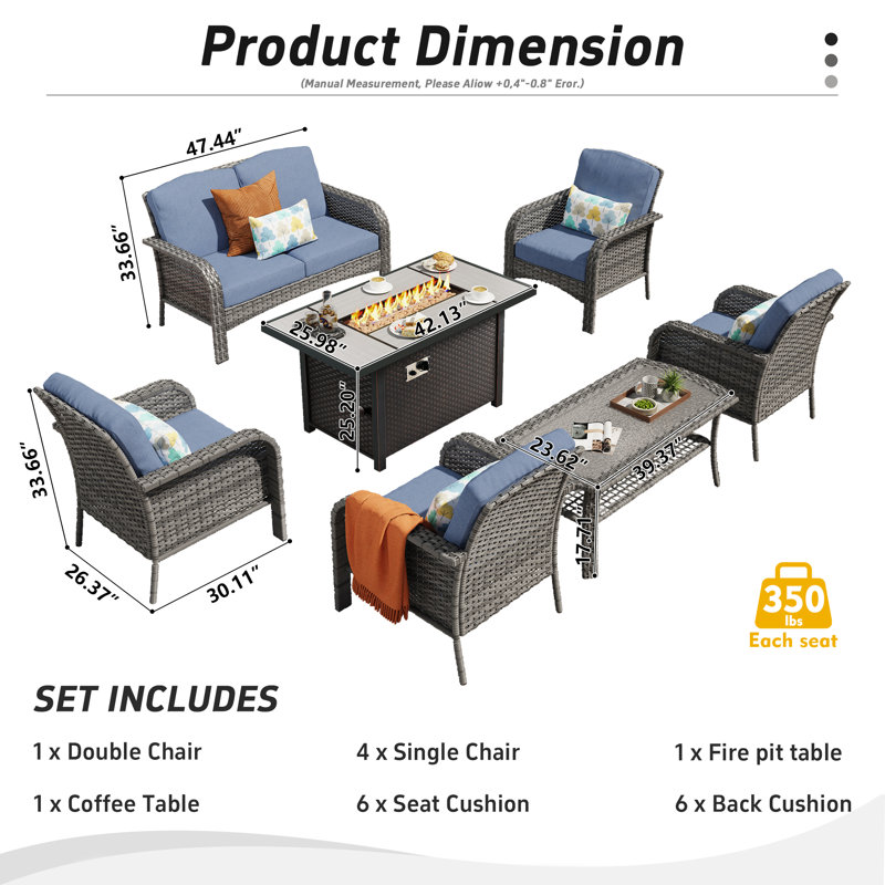 7 Piece Sofa Seating Group with fire pit and Cushions, Blue