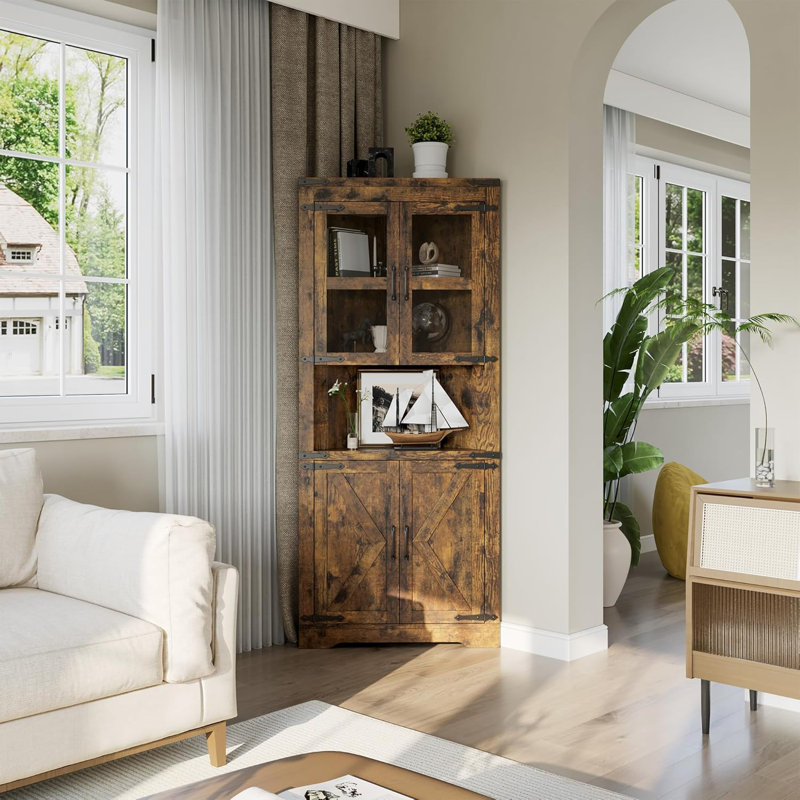 Tall Corner Cabinet, Farmhouse Corner Storage Cabinet with Glass Door & Adjustable Shelves, Brown