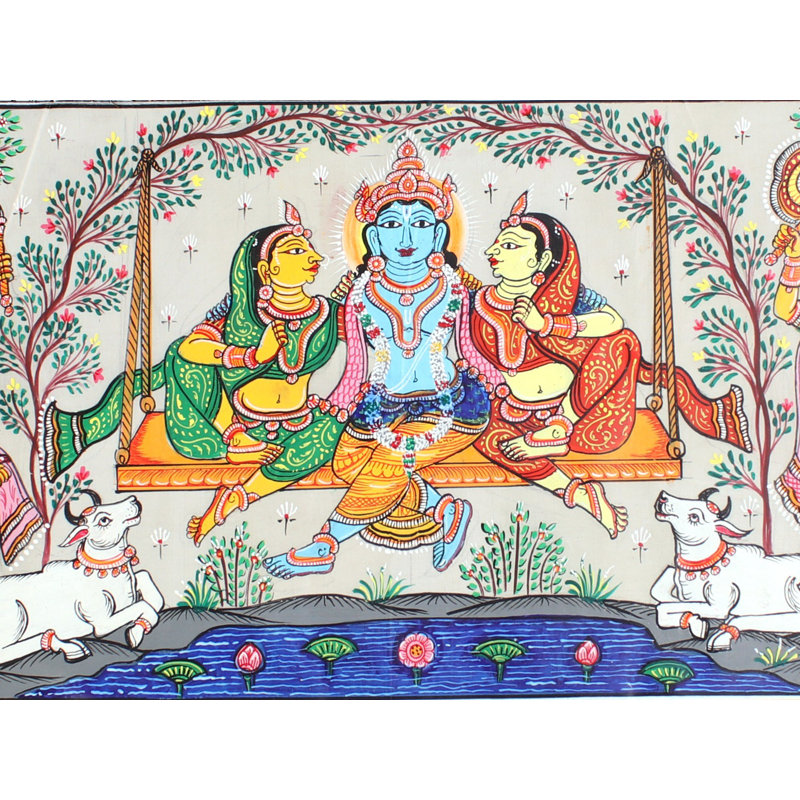 «Lord Krishna On Swing», peinture | Paata, peinture sur soie Tussar