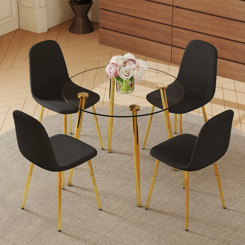 Ensemble de table et de chaises de salle à manger de luxe moderne en verre de 36 pouces de diamètre - pieds en métal doré.