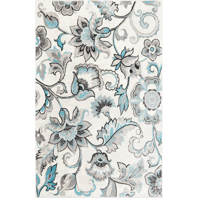 Tapis à motif floral ivoire et bleu, Rectangle 3 pi 3 po x 5 pi 2 po