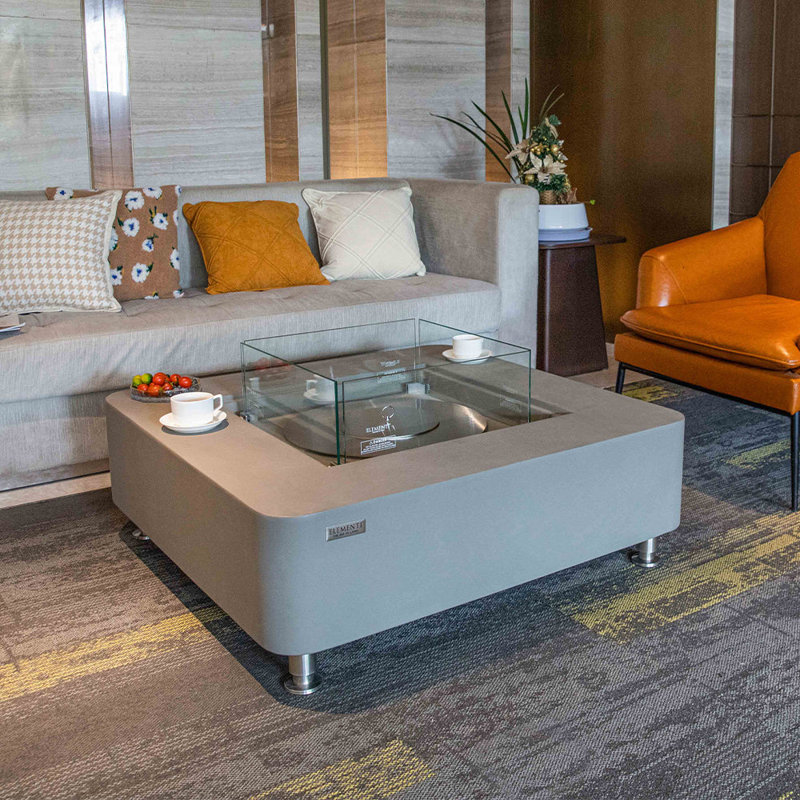 Envelor 14'' H x 40'' W Concrete Bio-ethanol Fuel Outdoor Fire Pit Table with Windscreen and Lid, Gray