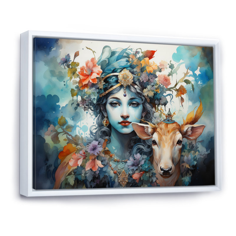 «Hinduisim Art Vrindavans Playful II» - Art mural de l'hindouisme, H 34 po x l 44 po x P 1,5 po, Cadre flottant blanc