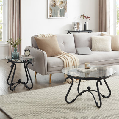 2 Piece Tempered Glass Surface Coffee Table Set For Living Room