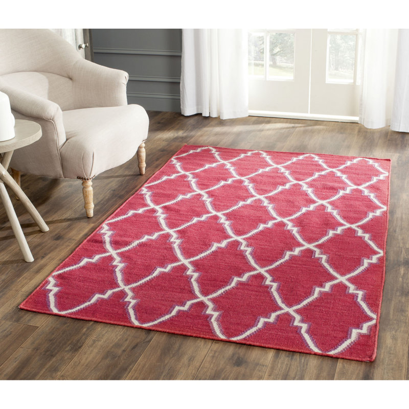 Stahl Hand Woven Flat Weave Wool/Cotton Geometric Rug in Red/Ivory, Rectangle 5' x 8'