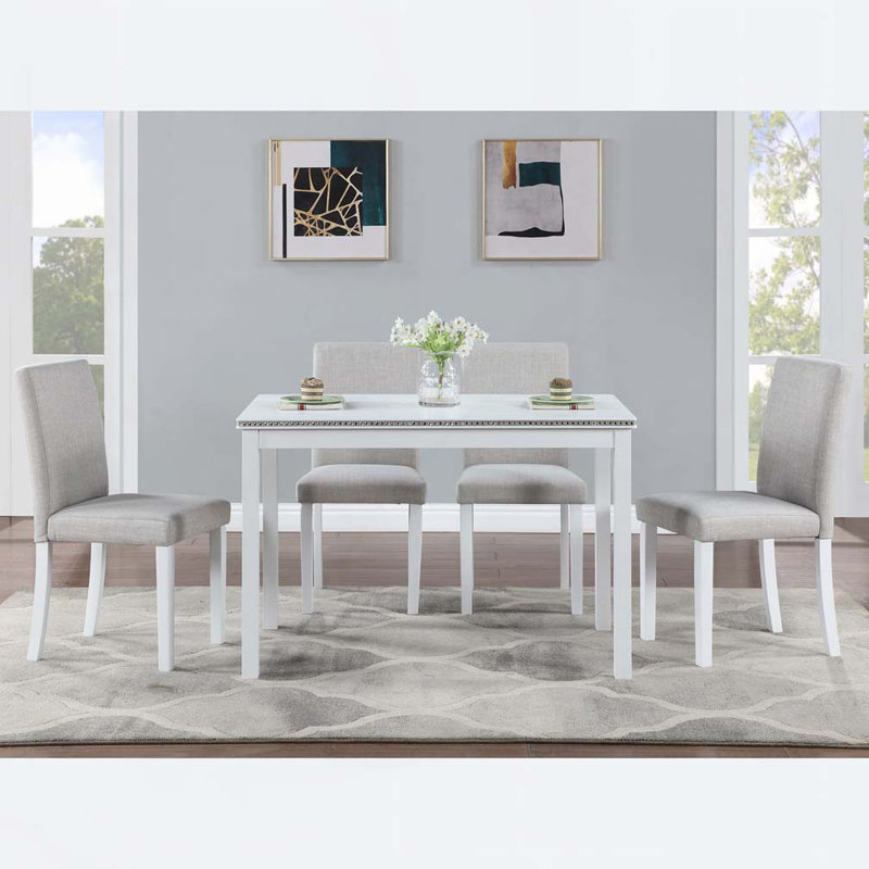 Ensemble de table de cuisine avec une table rectangulaire et 4 chaises rembourrées, Blanc