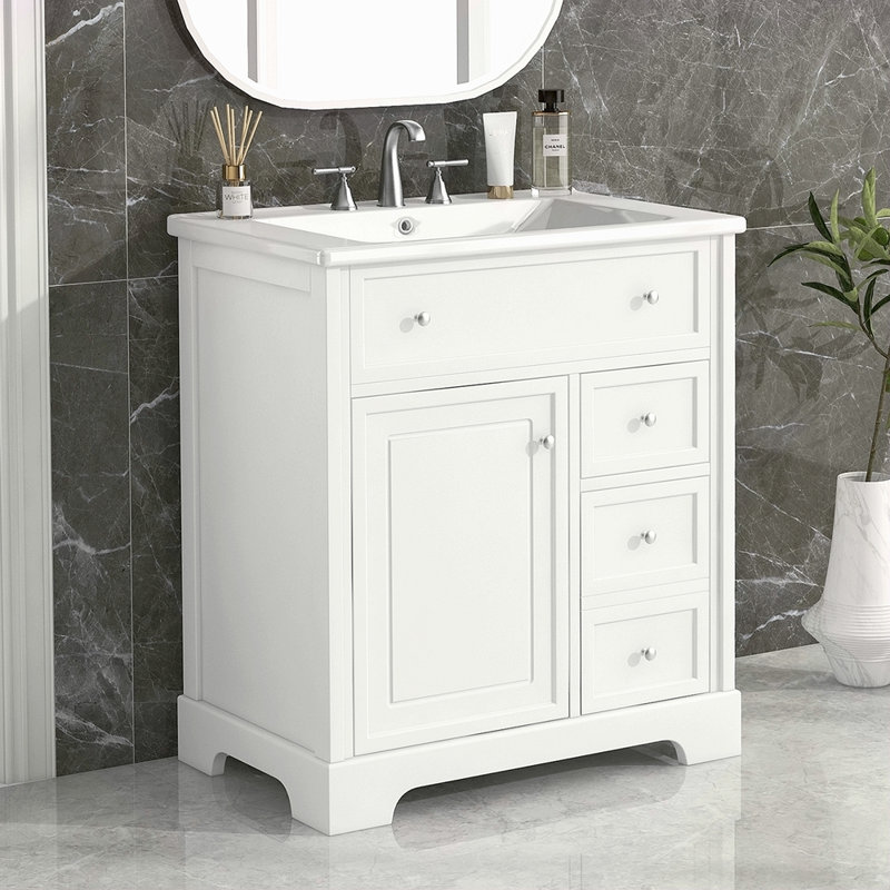 Meuble-lavabo de 30 po avec comptoir d'évier, meuble-lavabo avec porte et deux tiroirs, planches en panneau de fibres à densité moyenne, bois massif, un paquet