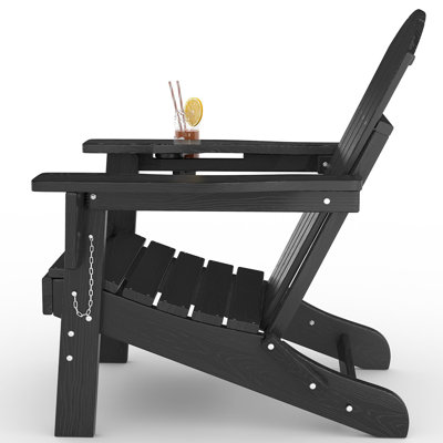 Single HDPE Folding Adirondack Chair - Black, Wooden Grain Texture, Cup Holder, Collapsible & Weather-Resistant, for Deck, Porch, Backyard, Lawn, Fire Pit (Black 1 Chair)