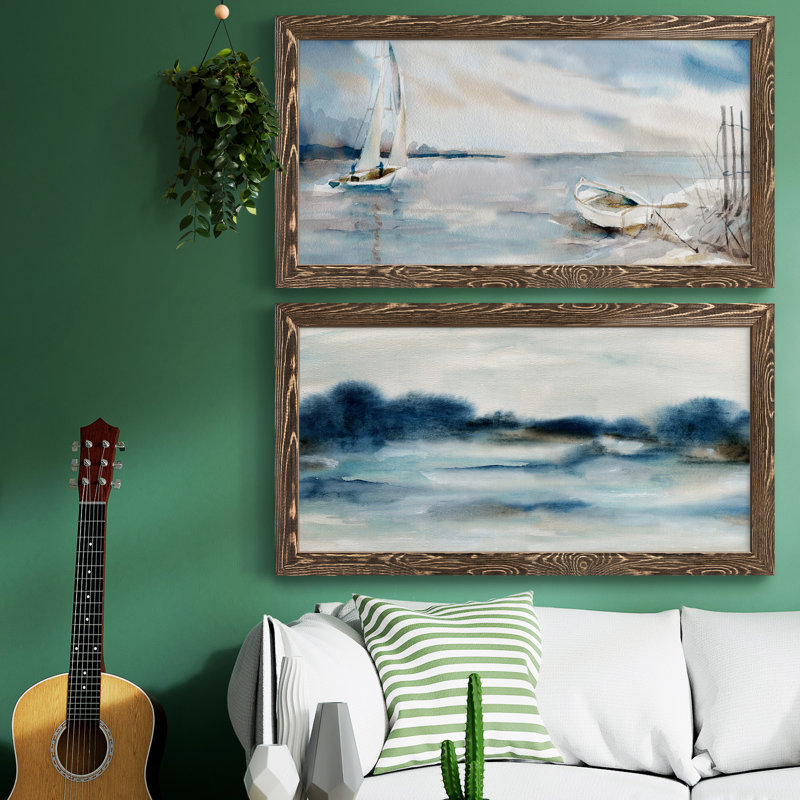 «Panoramic Coast», ensemble de 2 peintures sur toile encadrées, Noyer