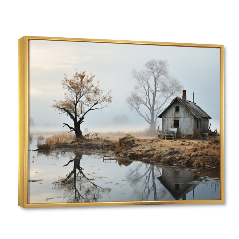 «Grey Country Charm Misty Morning» - imprimé, Cadre flottant doré, 12" H x 20" W