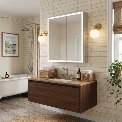 Armoire à pharmacie à DEL pour la salle de bain avec miroir, armoire à miroir avec cadre en aluminium avec lumières, antibuée, gradation continue et température de couleur 3, fonction de lumière de mémoire, montage encastré ou en surface, tablettes en verre réglables