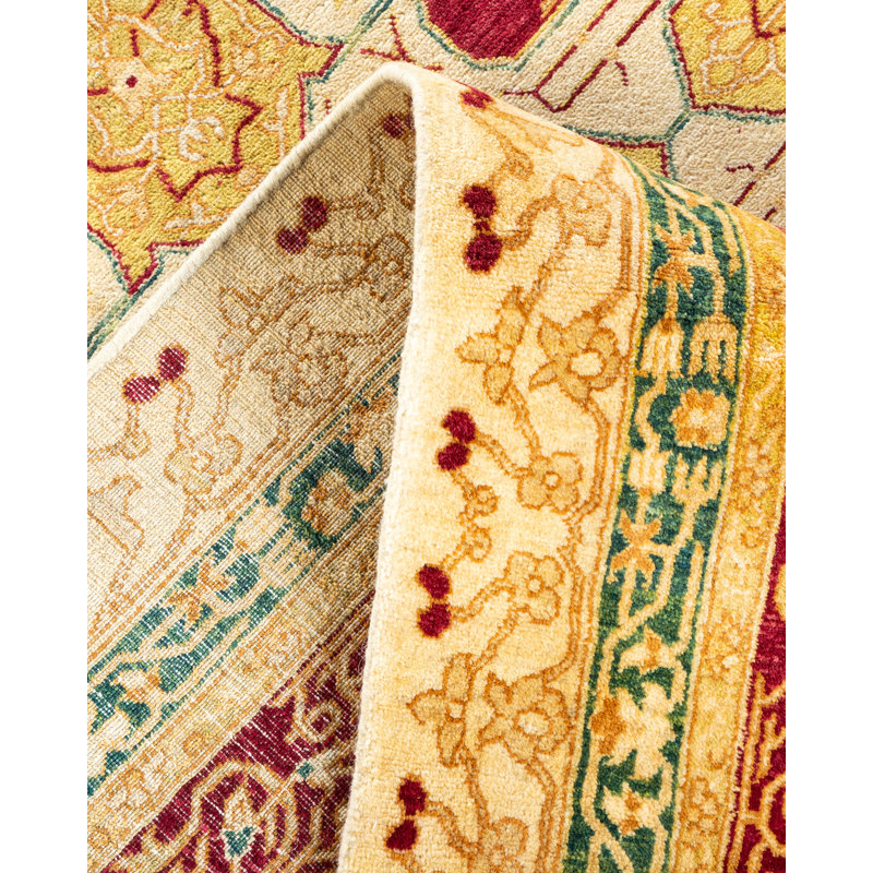 Tapis beige en laine noué à la main de conception unique 8 pi 2 po x 10 pi 7 po nouvel âge Hayner