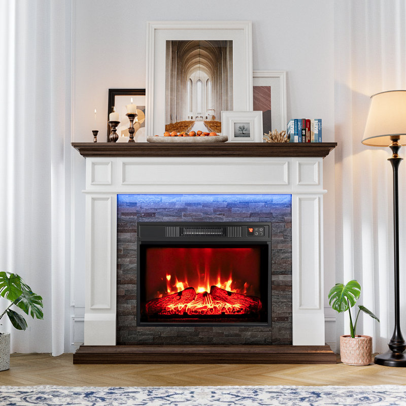 Ahmiah 44'' W White&brown Electric Fireplace & Mantel Package with 5000 BTU, White / Brown, 3DInfrared Black 3D