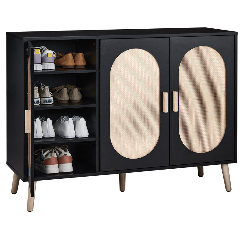 Buffet 3 portes en rotin avec rangement, Noir